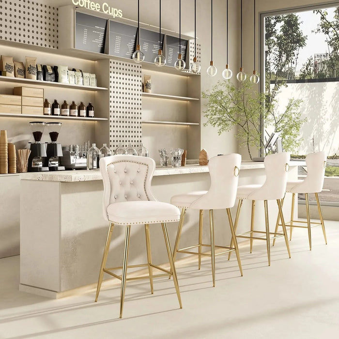 Bar Stools Set of 2, Velvet Counter Height Bar Stools with Metal Legs, Button Tufted and Nailheads Trim, Wing-Back Bar Chairs for Kitchen Island Dining Room Pub, Beige Default -DTYStore