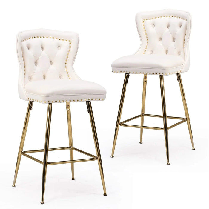 Bar Stools Set of 2, Velvet Counter Height Bar Stools with Metal Legs, Button Tufted and Nailheads Trim, Wing-Back Bar Chairs for Kitchen Island Dining Room Pub, Beige Default -DTYStore