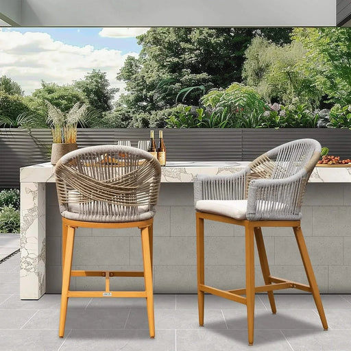 Bar Stools Set of 2 with Arm and Backrest, Outdoor Counter Height Bar Chairs with Cushion, Aluminum Tall Bar stools Modern Textilene Rope Boho Barstools for Garden, Pool, Patio, Kitchen-Rounded Backre Default -DTYStore