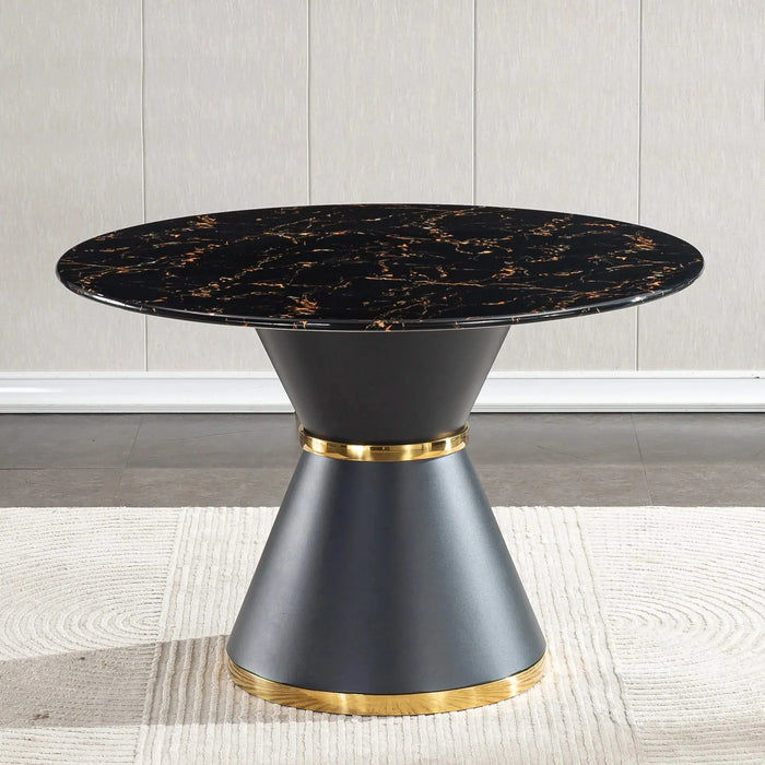 Black Marble Printed MDF Round Dining Table, Black Columnar Base with Gold Annulus(Not Including Chairs) Default -DTYStore