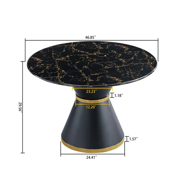 Black Marble Printed MDF Round Dining Table, Black Columnar Base with Gold Annulus(Not Including Chairs) Default -DTYStore