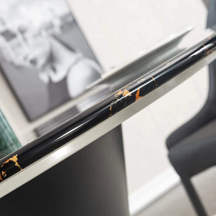 Black Marble Printed MDF Round Dining Table, Black Columnar Base with Gold Annulus(Not Including Chairs) Default -DTYStore