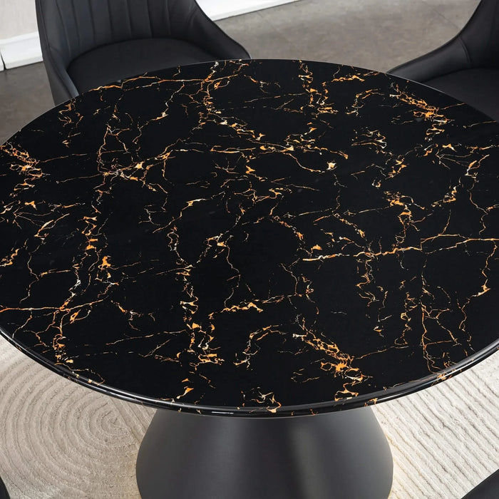 Black Marble Printed MDF Round Dining Table, Black Columnar Base with Gold Annulus(Not Including Chairs) Default -DTYStore