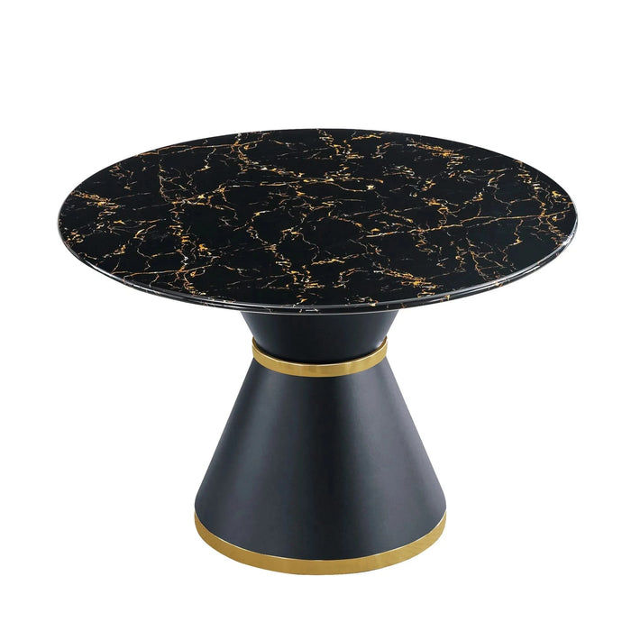 Black Marble Printed MDF Round Dining Table, Black Columnar Base with Gold Annulus(Not Including Chairs) Default -DTYStore