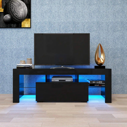 Black TV Stand with LED RGB Lights,Flat Screen TV Cabinet, Gaming Consoles - in Lounge Room, Living Room and Bedroom(Black) Default -DTYStore