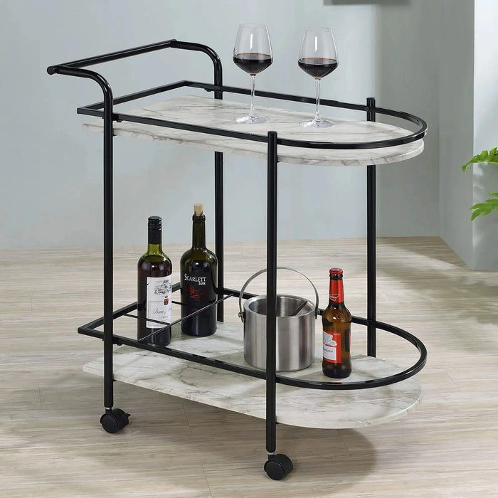 Black and Faux White Marble Serving Cart with Wine Rack Default -DTYStore
