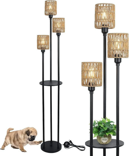 Boho Floor Lamp with Shelves, 3-Lights Farmhouse Tall Floor Lamp with ON/OFF Foot Switch, Rustic Standing Lamp with Rattan Shades for Living Room Bedroom Office Default -DTYStore