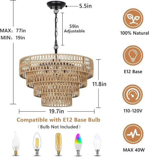 Boho Rattan Chandelier, 6-Light Dining Room Light Fixture, Wicker Pendant Lighting with 4-Tier Woven Lampshade, Large Farmhouse Chandeliers for Dining Room Bedroom Kitchen Living Room(20') Default -DTYStore
