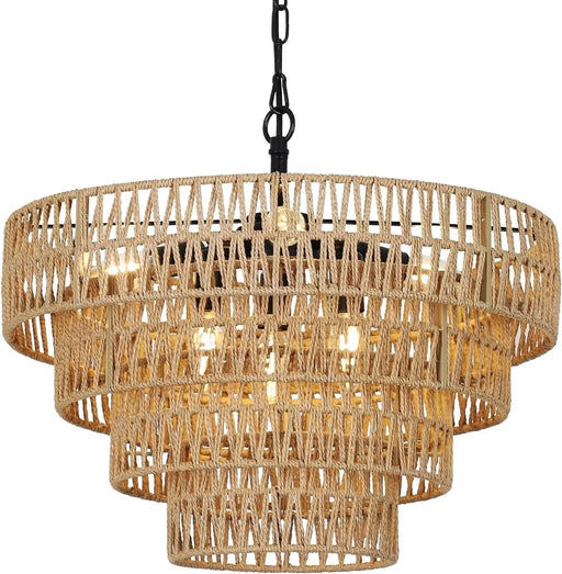 Boho Rattan Chandelier, 6-Light Dining Room Light Fixture, Wicker Pendant Lighting with 4-Tier Woven Lampshade, Large Farmhouse Chandeliers for Dining Room Bedroom Kitchen Living Room(20') Default -DTYStore