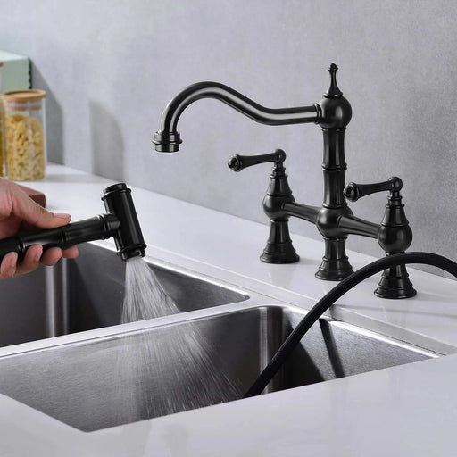 Bridge Dual Handles Kitchen Faucet With Pull-Out Side Spray in Default -DTYStore