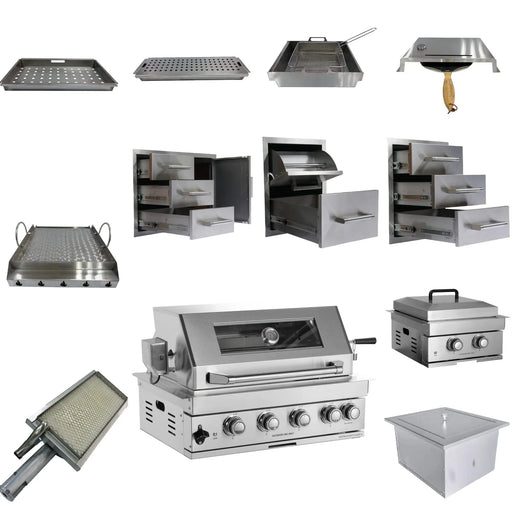Built-in Outdoor Kitchen 32 inch LPG Gas Grill 60000 BTU Stainless Steel Four burners Grill with Infrared Rear Bunrer and Door and Drawer Combo and Drop in Stainless Steel ICE BOX with BBQ Tool Set Default -DTYStore