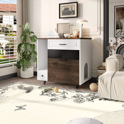 Cat Litter Box Enclosure, Indoor Hidden Cat Litter Box Furniture with 2 Drawers and Door, Cat House End Table for Living room, White and Brown Default -DTYStore