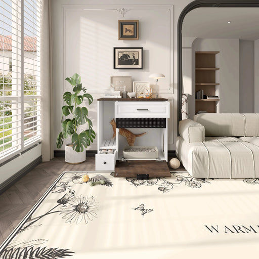 Cat Litter Box Enclosure, Indoor Hidden Cat Litter Box Furniture with 2 Drawers and Door, Cat House End Table for Living room, White and Brown Default -DTYStore