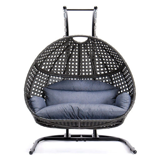 Charcoal Wicker Hanging Double-Seat Swing Chair with Stand w/Dust Blue Cushion Default -DTYStore