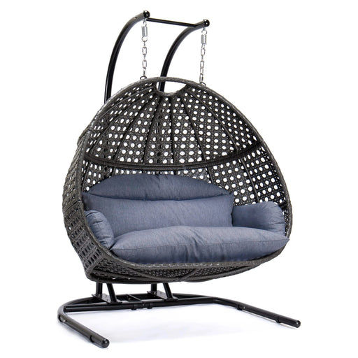 Charcoal Wicker Hanging Double-Seat Swing Chair with Stand w/Dust Blue Cushion Default -DTYStore