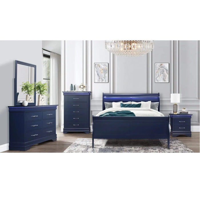 Charlston Sleigh Style 5-Piece Bedroom Set with LED Headboard in Blue Solid Wood and MDF Default -DTYStore