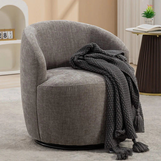 Chenille Fabric Swivel Accent Barrel Armchair with Black Powder-Coated Metal Ring Gray -DTYStore