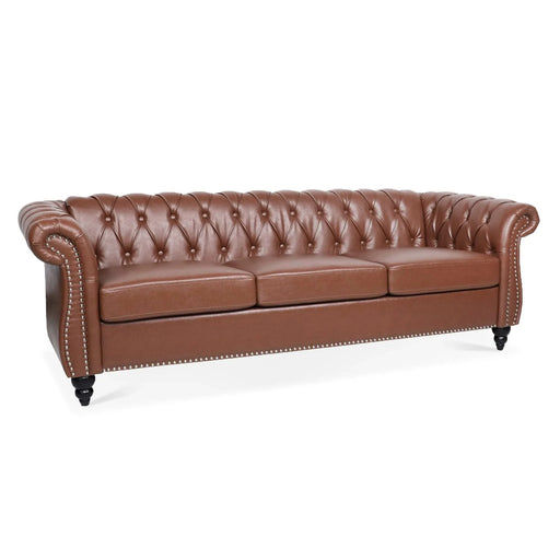 Classic Chesterfield Three Seater Sofa Brown PU Leather with Rolled Arms and Birch Legs 84.65 Inches Default -DTYStore