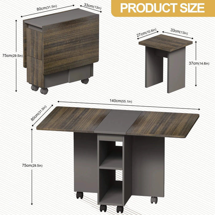 Contemporary 5-Piece Folding Extendable Dining Table Set with Chairs for 4, Brown, MDF, 55'' Default -DTYStore