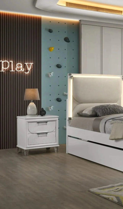 Contemporary Glam Pearl White Full Size Bed W Trundle 2x Nightstands Embossed Panel 3pc Bedframe Bedroom Furniture Default -DTYStore