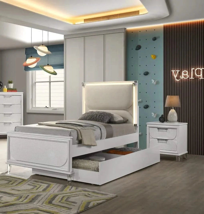 Contemporary Glam Pearl White Full Size Bed W Trundle 2x Nightstands Embossed Panel 3pc Bedframe Bedroom Furniture Default -DTYStore