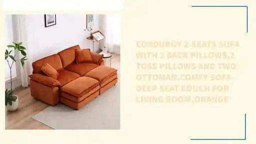 Corduroy 2-seats sofa With 2 back pillows,2 toss pillows and two ottoman,Comfy Sofa- Deep Seat Couch for Living Room,Orange Default -DTYStore