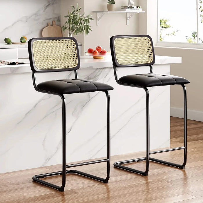 Counter Height Bar Stools Set of 2, Upholstered PU Leather Barstools with Rattan Back, 30 inch Stools Armless Bar Chairs for Kitchen Island, Black Default -DTYStore