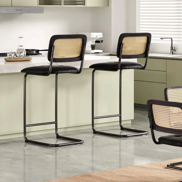 Counter Height Bar Stools Set of 2, Upholstered PU Leather Barstools with Rattan Back, 30 inch Stools Armless Bar Chairs for Kitchen Island, Black Default -DTYStore
