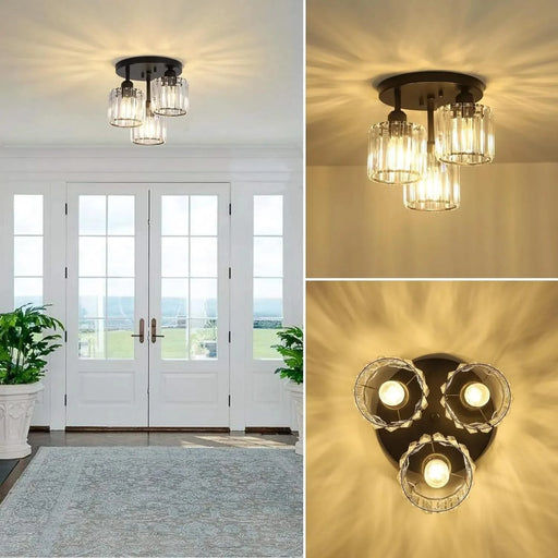Crystal Semi Flush Mount Ceiling Light,3-Light Modern Close to Ceiling Light Fixtures,Black Kitchen Light Fixtures with Clear Crystal Shade,Hallway Light Fixtures for Hallway Bedroom Bathroom Default -DTYStore