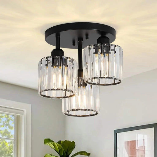 Crystal Semi Flush Mount Ceiling Light,3-Light Modern Close to Ceiling Light Fixtures,Black Kitchen Light Fixtures with Clear Crystal Shade,Hallway Light Fixtures for Hallway Bedroom Bathroom Default -DTYStore