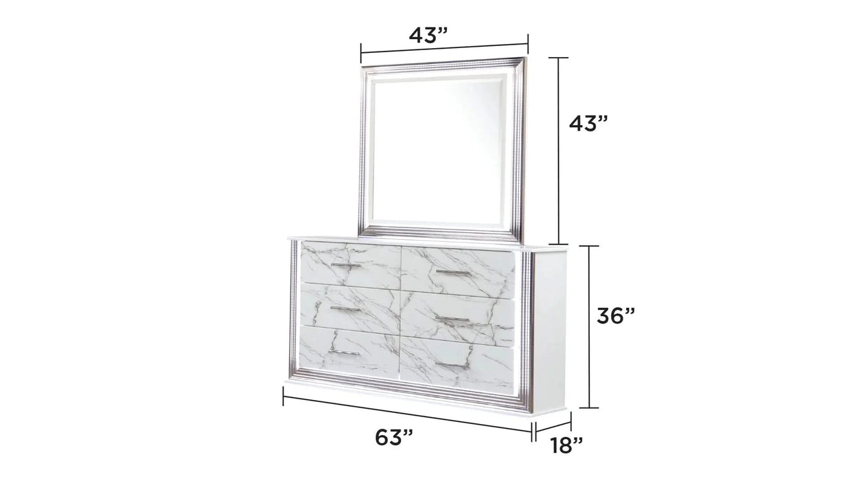 Desire King 4-Piece Bedroom Set – LED Upholstered Bed, Dresser, Mirror, and Nightstand with Marble-Inspired Accents and Sleek Metallic Trim for a Chic Modern Look Default -DTYStore