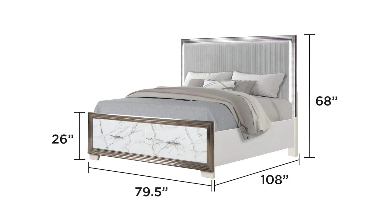 Desire King 4-Piece Bedroom Set – LED Upholstered Bed, Dresser, Mirror, and Nightstand with Marble-Inspired Accents and Sleek Metallic Trim for a Chic Modern Look Default -DTYStore