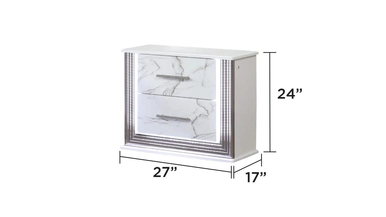 Desire King 4-Piece Bedroom Set – LED Upholstered Bed, Dresser, Mirror, and Nightstand with Marble-Inspired Accents and Sleek Metallic Trim for a Chic Modern Look Default -DTYStore