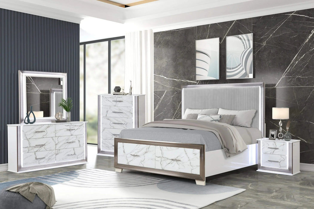 Desire Queen 5-Piece Bedroom Set – LED Upholstered Bed with Footboard Storage, Dresser, Mirror, Nightstand, and Chest in White & Marble Finish with Metallic Accents Default -DTYStore