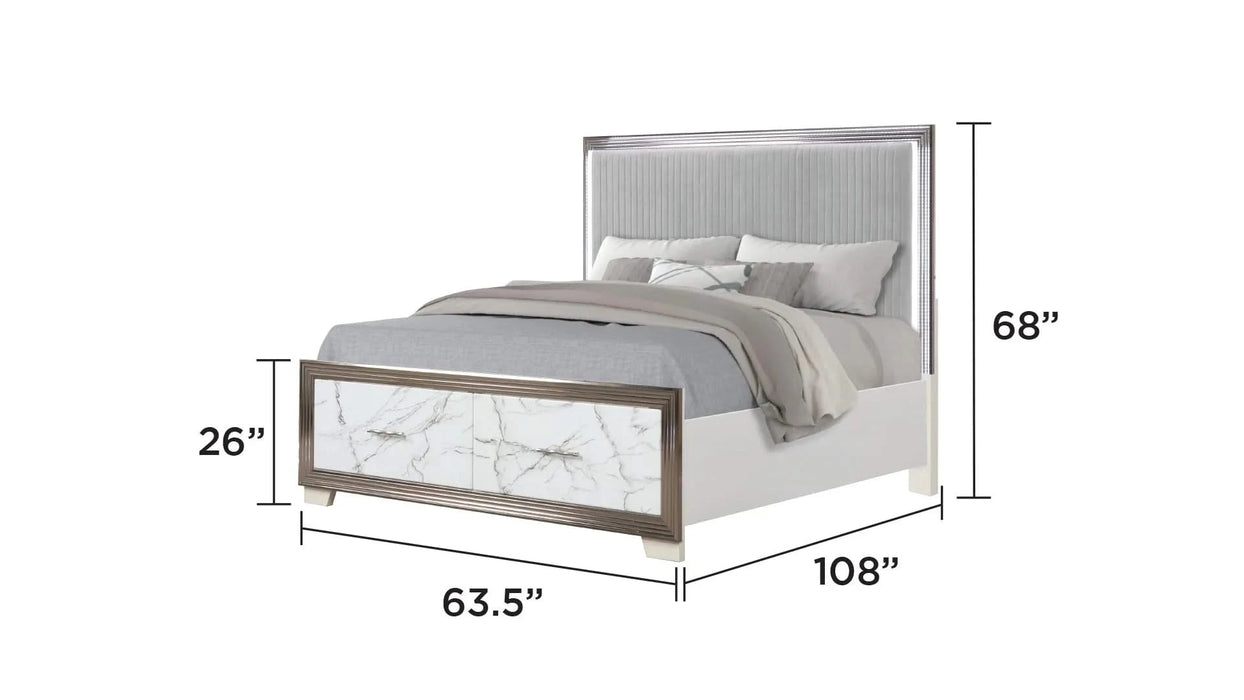 Desire Queen 5-Piece Bedroom Set – LED Upholstered Bed with Footboard Storage, Dresser, Mirror, Nightstand, and Chest in White & Marble Finish with Metallic Accents Default -DTYStore