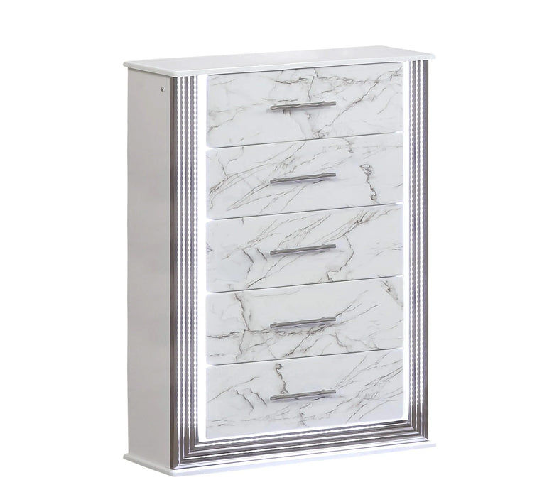 Desire Queen 5-Piece Bedroom Set – LED Upholstered Bed with Footboard Storage, Dresser, Mirror, Nightstand, and Chest in White & Marble Finish with Metallic Accents Default -DTYStore