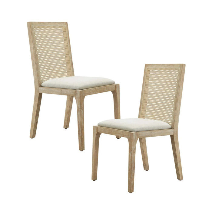 Dining Chair Set of 2 with Synthetic Cane Back and Upholstered Seat, Natural Wood Finish Default -DTYStore