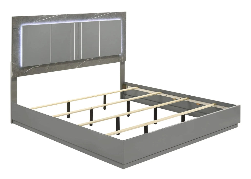 Elara King 4-Piece Set – Two-Tone High-Gloss Marble & Lacquer Finish with LED Lighting, Metal-Finished Legs- Gray Default -DTYStore