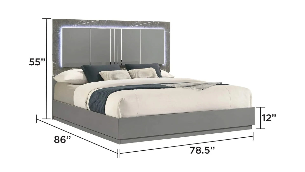 Elara King 4-Piece Set – Two-Tone High-Gloss Marble & Lacquer Finish with LED Lighting, Metal-Finished Legs- Gray Default -DTYStore