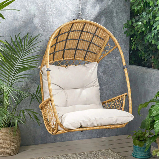 Elegant MALIA Outdoor/Indoor Wicker Hanging Chair with Cushion, Brown+Beige, Faux Rattan, 34.50x25.00x46.25 inches Default -DTYStore