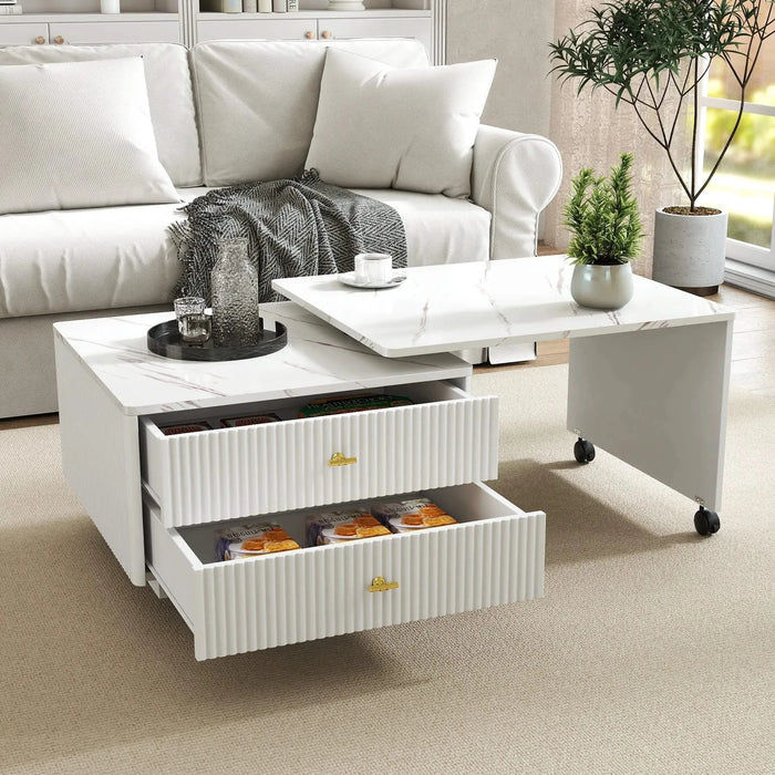 Extendable Coffee Table with Storage, Reversible Living Room Table with 2 Drawers and with 6 Wheels, White Default -DTYStore
