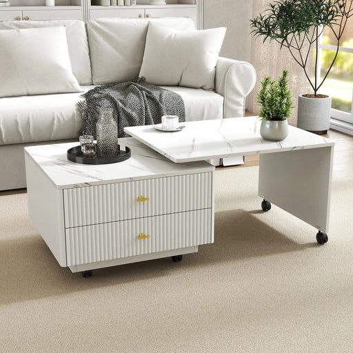 Extendable Coffee Table with Storage, Reversible Living Room Table with 2 Drawers and with 6 Wheels, White Default -DTYStore