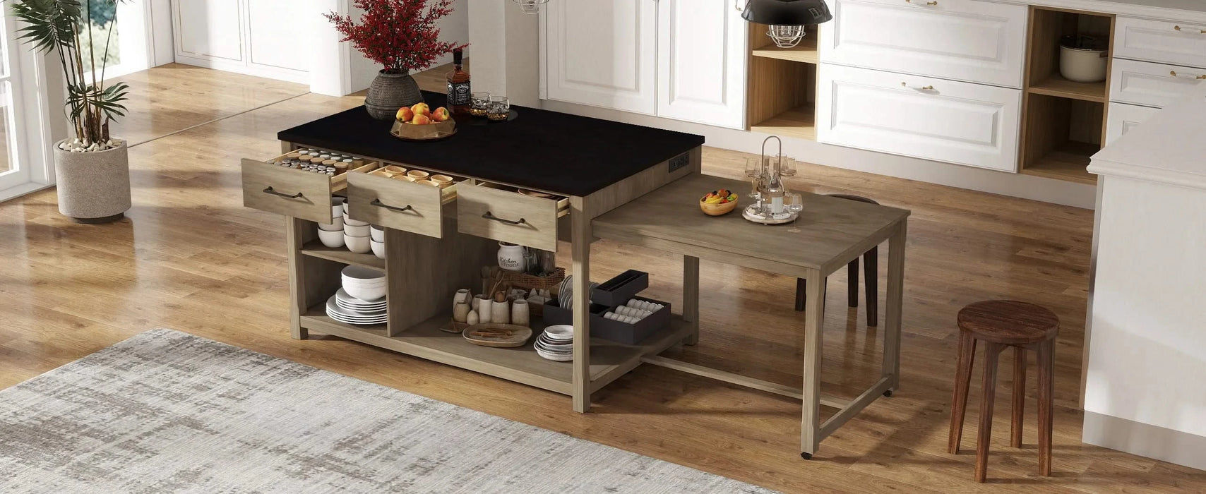 Extendable Kitchen Island with Storage, Multi-Functional Kitchen Cart with Built-In Power Outlets, Retro Kitchen Island on Wheels with Drawers and Open Shelves for Kitchen (Espresso+Natural) Default -DTYStore