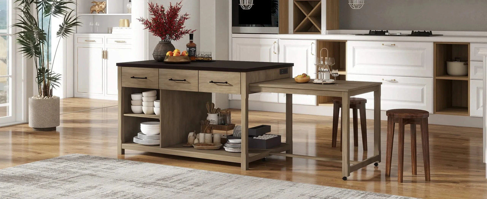 Extendable Kitchen Island with Storage, Multi-Functional Kitchen Cart with Built-In Power Outlets, Retro Kitchen Island on Wheels with Drawers and Open Shelves for Kitchen (Espresso+Natural) Default -DTYStore