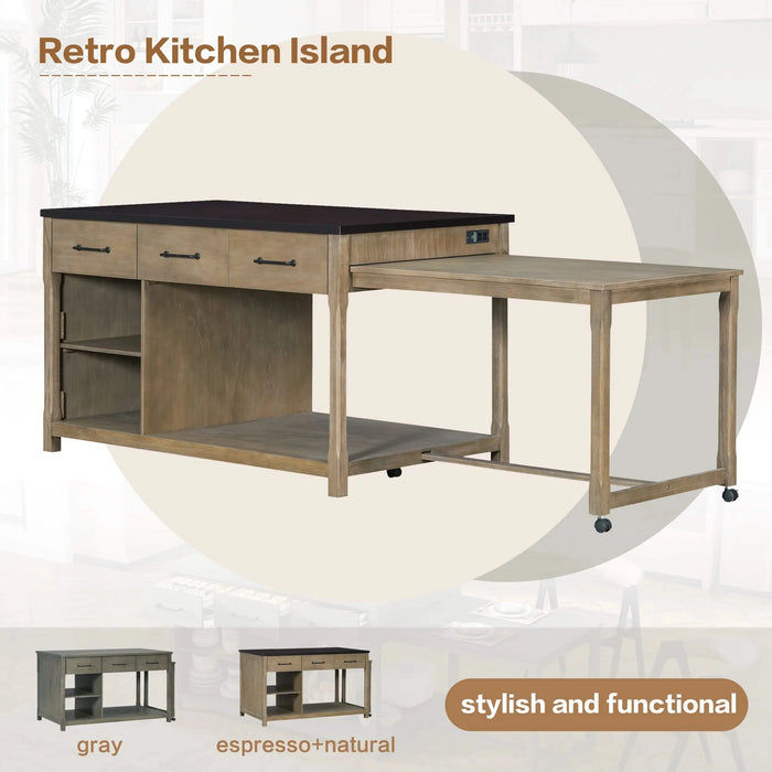 Extendable Kitchen Island with Storage, Multi-Functional Kitchen Cart with Built-In Power Outlets, Retro Kitchen Island on Wheels with Drawers and Open Shelves for Kitchen (Espresso+Natural) Default -DTYStore
