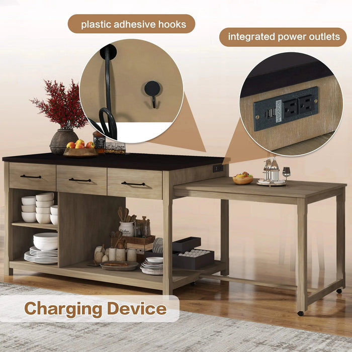 Extendable Kitchen Island with Storage, Multi-Functional Kitchen Cart with Built-In Power Outlets, Retro Kitchen Island on Wheels with Drawers and Open Shelves for Kitchen (Espresso+Natural) Default -DTYStore