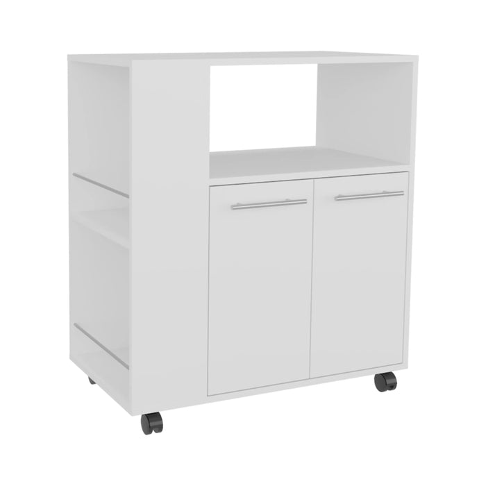 FM FURNITURE Linden Kitchen Cart with Microwave Shelf. Open Storage. and Two-Door Cabinet. White Default -DTYStore