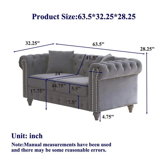 FX 63.5' modern design chesterfield sofa, velvet sofa button design living room sectional sofa, button tufted with nail design arms with 2 pillows, upholstered fabric and wood legs Default -DTYStore