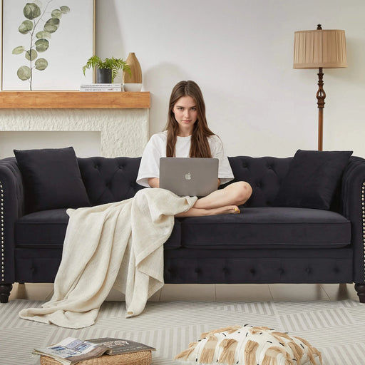 FX 85.5'Living Room with velvet Chesterfield Sofa with Rolled Arms 3 Seater Sofa with Button Design and 2 Cushions for Apartment, Office, Living Room Default -DTYStore