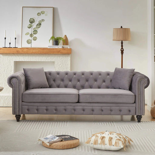 FX 85.5'Living Room with velvet Chesterfield Sofa with Rolled Arms 3 Seater Sofa with Button Design and 2 Cushions for Apartment, Office, Living Room Default -DTYStore